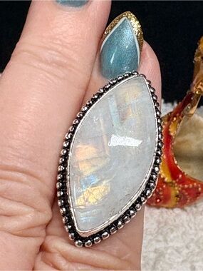 Stunning genuine blue flash moonstone ethnic handmade artisan ring-7